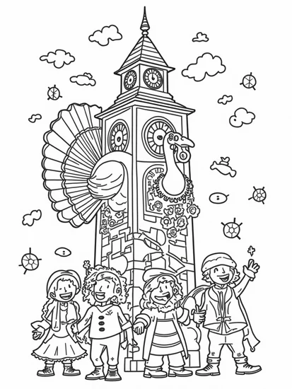 A coloring page of Turkey in the enchanted clock tower