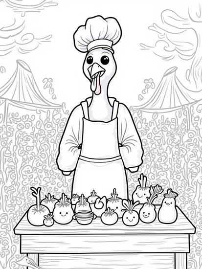 A coloring page of Turkey chef at a farmers’ market