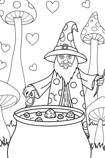 A coloring page of Wizard brewing a love potion
