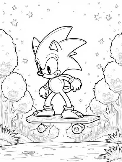 A coloring page of Super Sonic skating in a forest