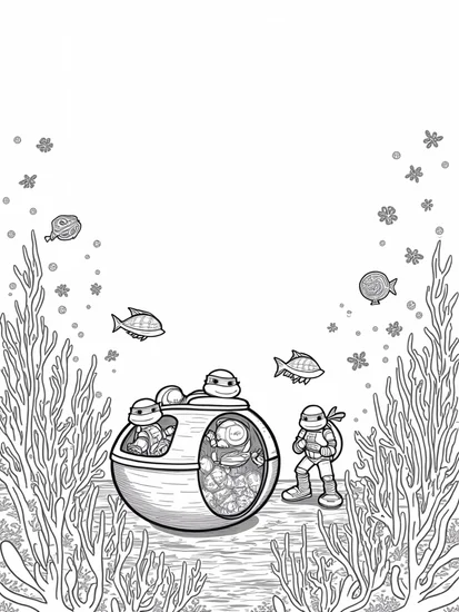 A coloring page of TMNT underwater time capsule