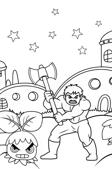 A coloring page of Hulk battles alien plants