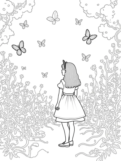 A coloring page of Alice in the upside-down garden