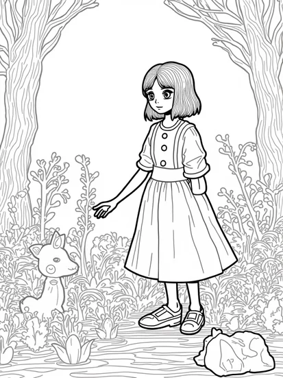 A coloring page of Wednesday Addams in a shadow garden