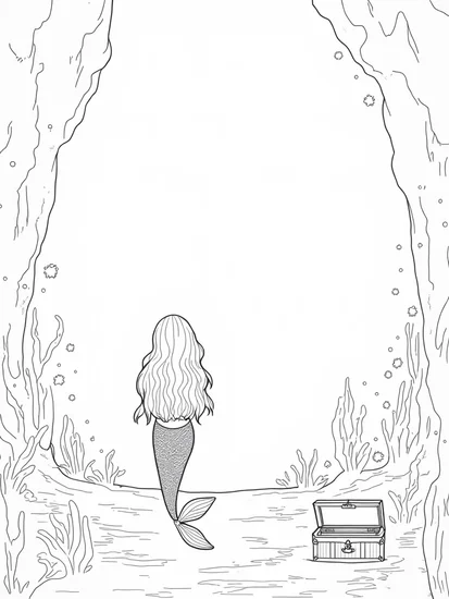 A coloring page of Little mermaid exploring underwater cave