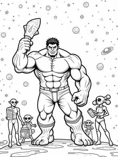 A coloring page of Hulk carving an asteroid statue