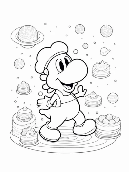 A coloring page of Yoshi baking in space