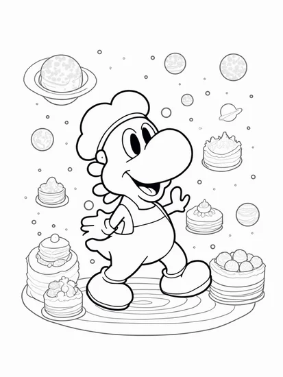 A coloring page of Yoshi baking in space