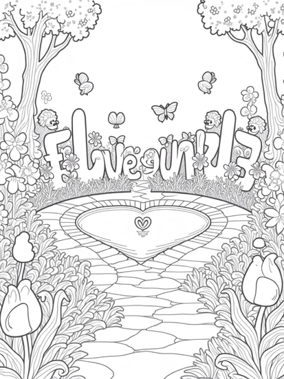 A coloring page of Whimsical garden of love letters