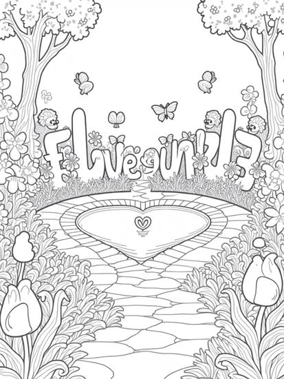 A coloring page of Whimsical garden of love letters