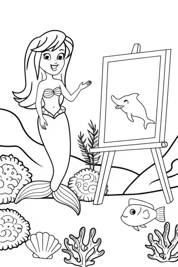 A coloring page of Little mermaid art gallery scene