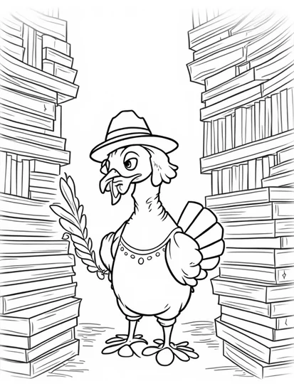 A coloring page of Turkey exploring a magical library