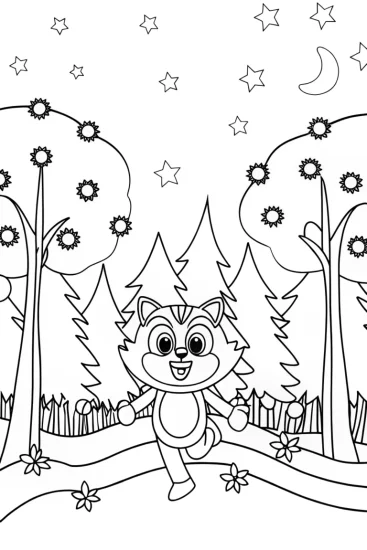 A coloring page of Raccoon running in a forest