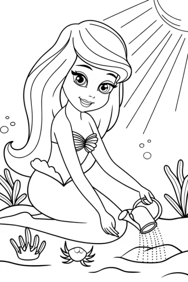 A coloring page of Little mermaid gardening