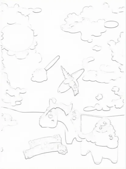 A coloring page of Unicorns painting the sky