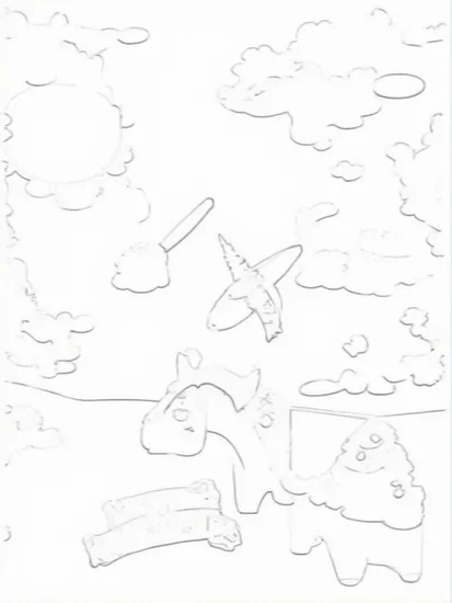 A coloring page of Unicorns painting the sky
