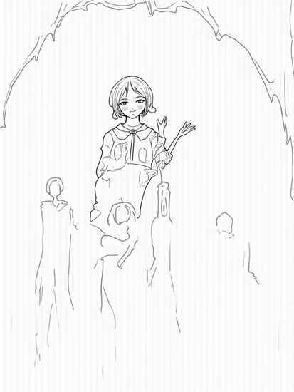 A coloring page of Wednesday Addams puppet show