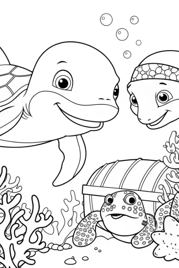 A coloring page of Turtles exploring underwater treasure