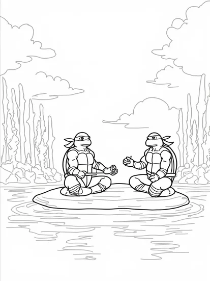 A coloring page of TMNT practicing mindfulness