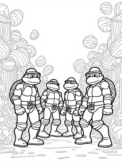 A coloring page of TMNT detectives in a candy shop