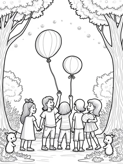 A coloring page of Children at a balloon festival