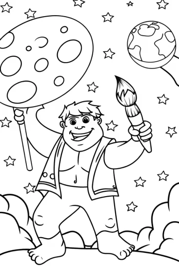 A coloring page of Hulk painting a cosmic mural