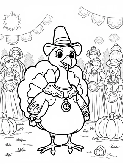 A coloring page of Turkey time traveler at the festival