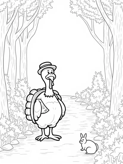 A coloring page of Turkey adventurer in the forest