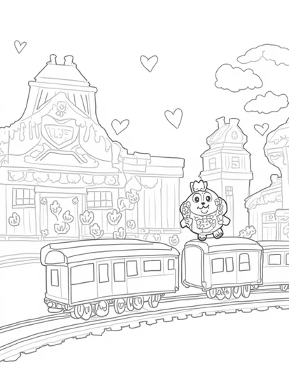 A coloring page of Heart-shaped train station