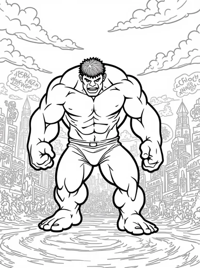 A coloring page of Hulk in comic book adventure