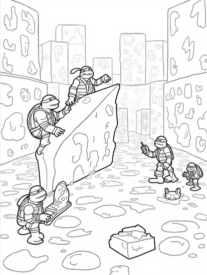 A coloring page of Teenage Mutant Ninja Turtles cheese maze