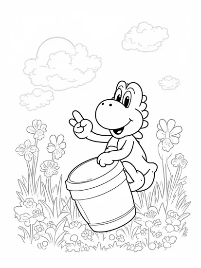A coloring page of Yoshi playing in a musical meadow