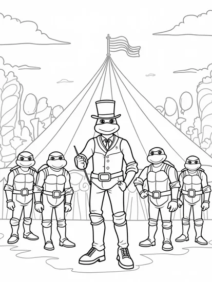 A coloring page of Teenage Mutant Ninja Turtles circus