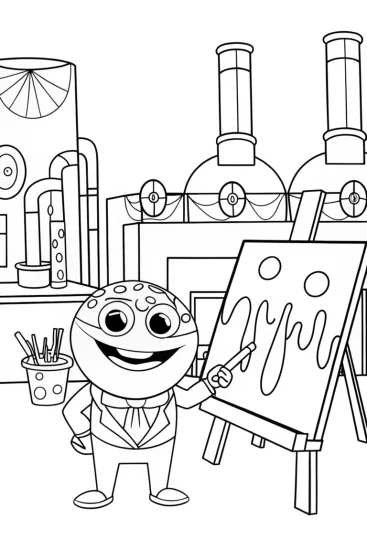 A coloring page of Venom creating art in a factory