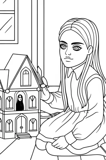 A coloring page of Wednesday Addams crafting a dollhouse