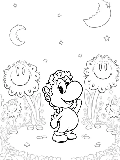 A coloring page of Yoshi at the flower festival