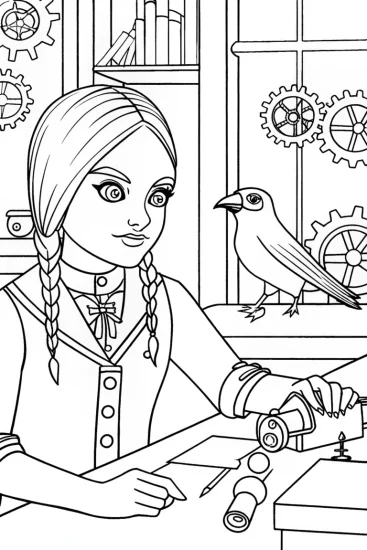 A coloring page of Wednesday Addams examining a raven
