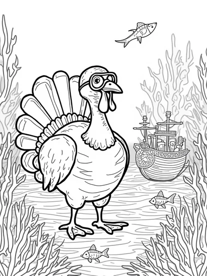 A coloring page of Turkey exploring a sunken ship