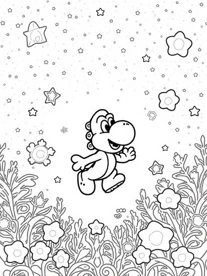 A coloring page of Yoshi in a cosmic garden