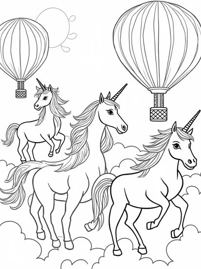 A coloring page of Unicorns in a balloon festival