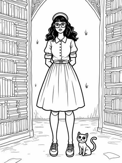 A coloring page of Wednesday Addams as a spooky librarian