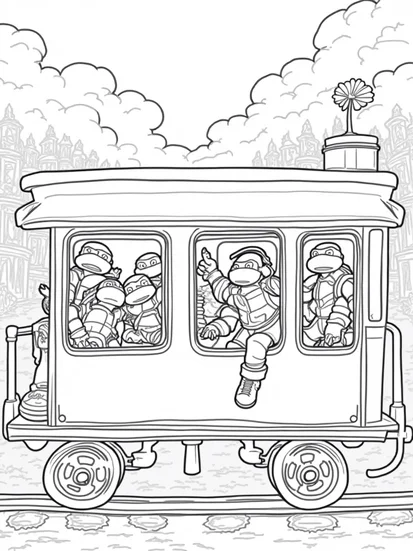 A coloring page of Teenage Mutant Ninja Turtles train adventure