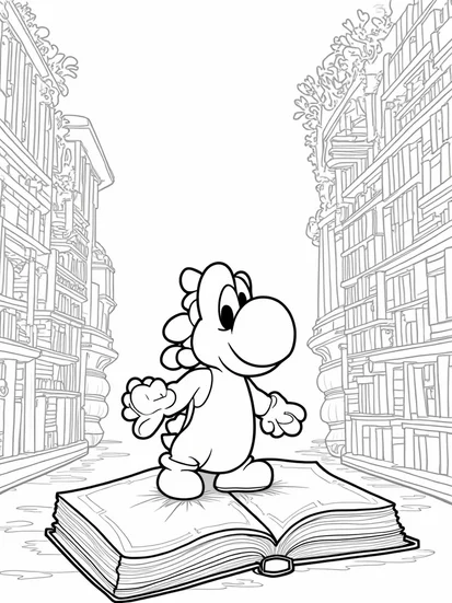 A coloring page of Yoshi’s library adventure
