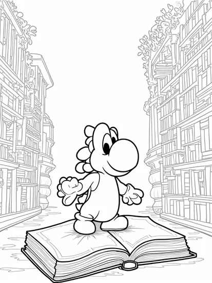 A coloring page of Yoshi’s library adventure