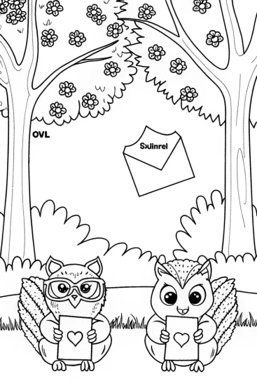 A coloring page of Owl and squirrel love letter exchange