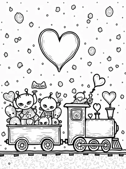 A coloring page of Heart-shaped train in space