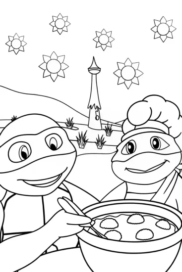 A coloring page of Leonardo cooking with a mushroom chef