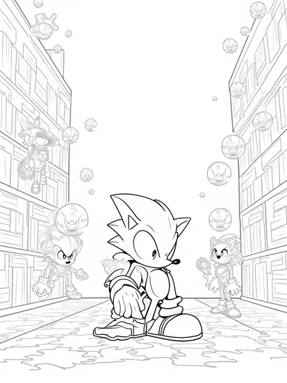 A coloring page of Super Sonic solving a cosmic puzzle