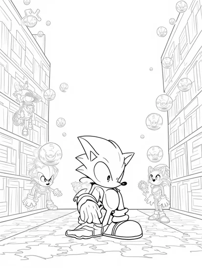 A coloring page of Super Sonic solving a cosmic puzzle