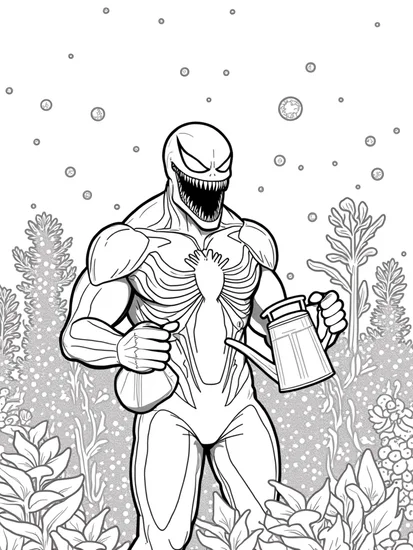 A coloring page of Venom’s gardening competition
